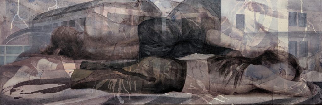 Barbara De Vivi, Sisters (Sorelle), 2024 60x180 cm Acrylic and oil on canvas. Courtesy Galleria Poggiali Milano