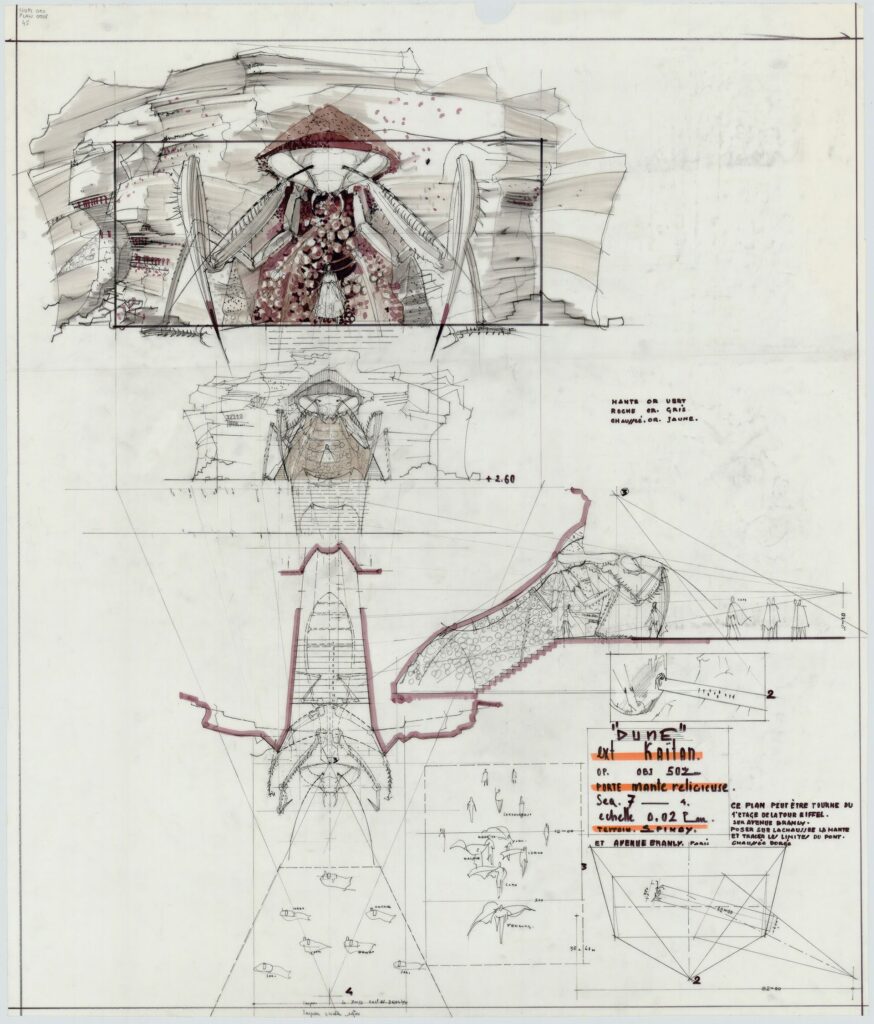 Dune, directed by Alejandro Jodorowsky, 1973-1977 (unproduced film) Storyboards by Max Douy for the “Extérieur Kaïtan Porte Mante Religieuse, séq. 7 – Ech: 0,02” scene, 1973-1977 © Institut Jean Vigo (Fonds Max et Jacques Douy)